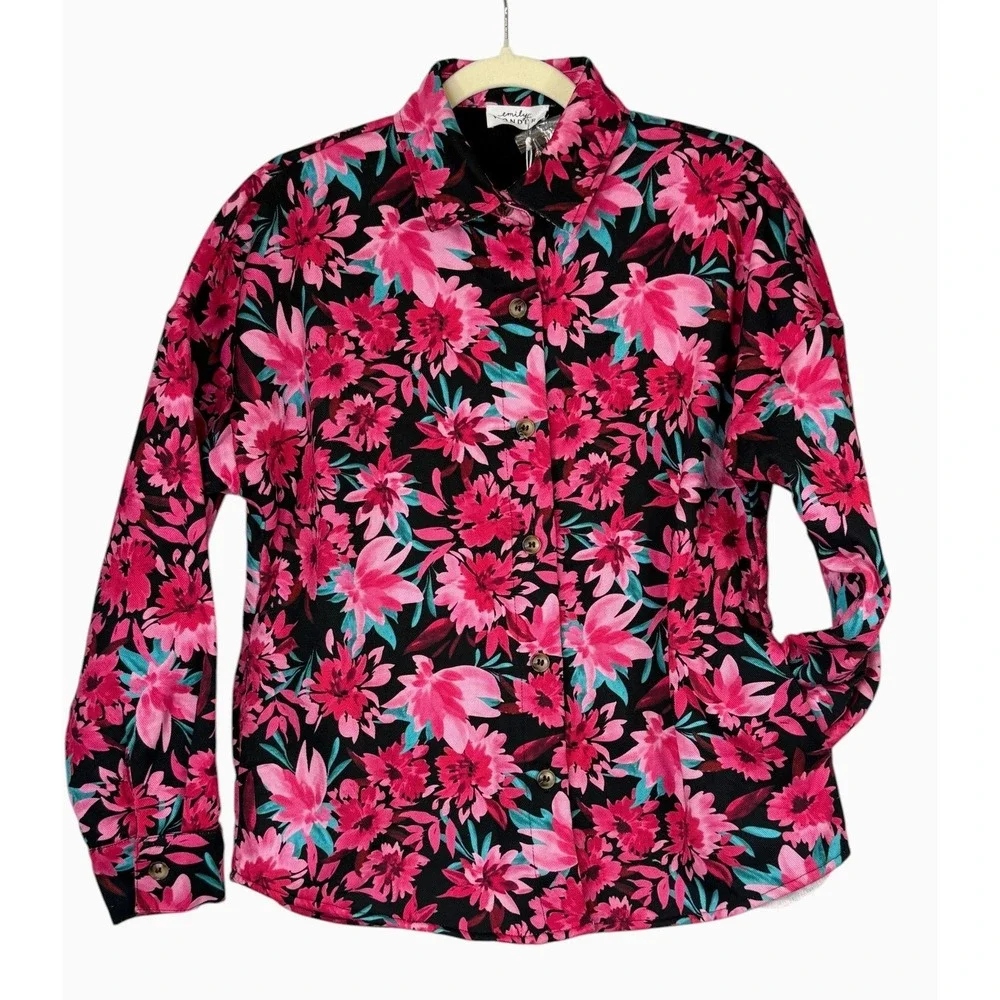 💜 Emily Wonder Floral Faux-Fur Lined Shacket Jacket – Pink & Black Size M  NWT